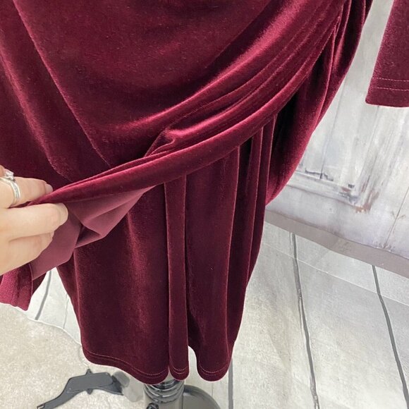 Alex Marie Plus Long Sleeve Mahogany Red Velvet Ruched Faux Wrap Dress Formal - Picture 8 of 11